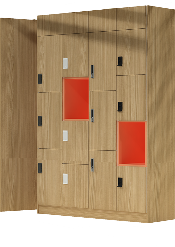 lockers with open cubbies shown at NeoCon