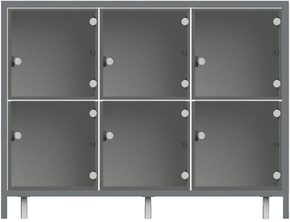 rendering of glass locker credenza shown at NeoCon